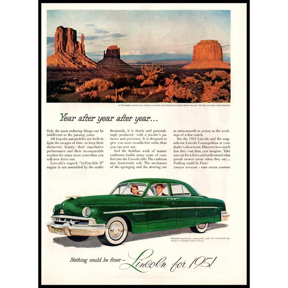 1951 Lincoln Cosmopolitan Sedan Vintage Print Ad Monument Valley Wall Art Photo